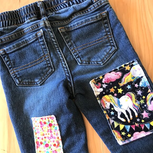 Elastic Waist Denim Jeans, Girl's Size 5: Upcycled Unicorn Theme Patchwork Pants - Picture 8 of 12
